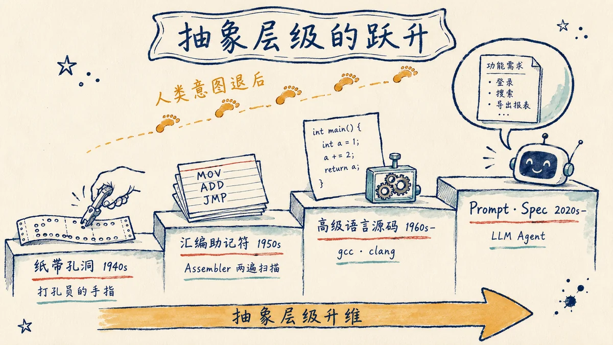 图 1:抽象层级的跃升——人类意图不断退后,抽象层级不断升维